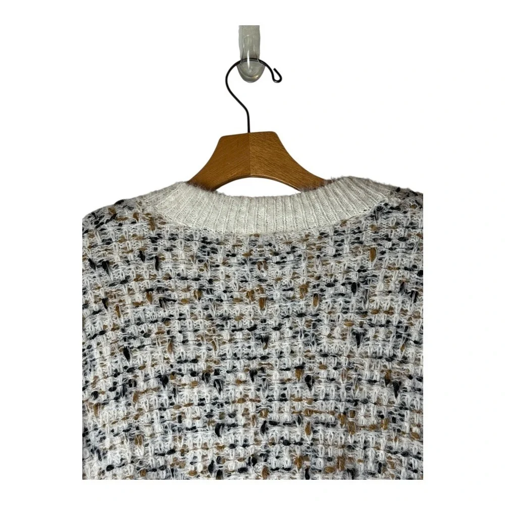 Bobeau Sweater Women XS Ivory Black Tweed‎ Knit Side Zip Crew Neck Pullover NWT